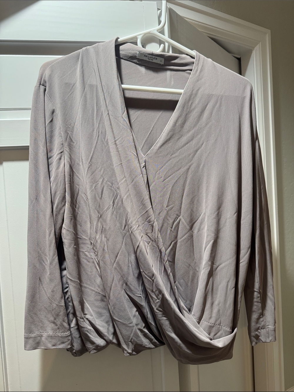 MM LaFleur Taupe Wrap-Style Long Sleeve Deneuve Top